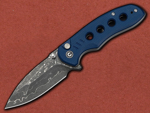 [CIVIVI] Triptych Damascus Button Lock, Blue Micarta